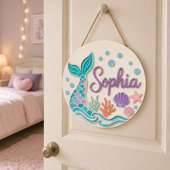 Picture of Personalized Mermaid Tail Name Sign, Custom Girls Room Door Hanger, Under The Sea Nursery Wall Decor, Ocean Baby Gift, Round Wood Sign