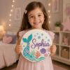 Picture of Personalized Mermaid Tail Name Sign, Custom Girls Room Door Hanger, Under The Sea Nursery Wall Decor, Ocean Baby Gift, Round Wood Sign