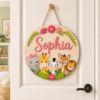 Picture of Personalized Safari Girl Name Sign, Custom Jungle Animal Door Hanger, Baby Girl Nursery Wall Decor, Kids Bedroom Door Gift, Round Wood Sign