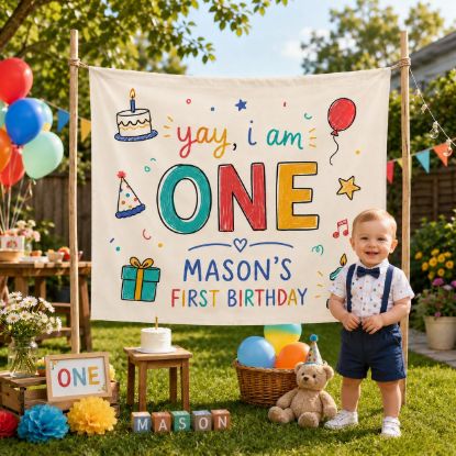 Picture of First Birthday Banner, Yay I Am One Backdrop, Custom Name 1st Birthday Party Decor, One Year Old Birthday Banner, Colorful Kids Party Sign
