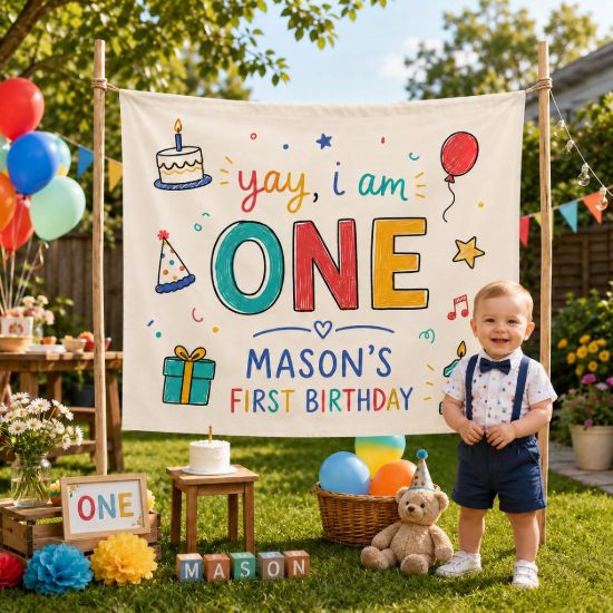 Picture of First Birthday Banner, Yay I Am One Backdrop, Custom Name 1st Birthday Party Decor, One Year Old Birthday Banner, Colorful Kids Party Sign