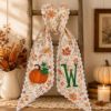 Picture of Personalized Fall Wreath Sash, Pumpkin Monogram Door Bow, Autumn Floral Wreath Bow, Custom Initial Porch Decor, Thanksgiving Decor Halloween