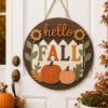 Picture of Hello Fall Door Sign, Fall Door Hanger, Autumn Pumpkin Door Decor, Sunflower Welcome Sign, Farmhouse Wood Door Wreath, Thanksgiving Decor