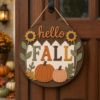 Picture of Hello Fall Door Sign, Fall Door Hanger, Autumn Pumpkin Door Decor, Sunflower Welcome Sign, Farmhouse Wood Door Wreath, Thanksgiving Decor
