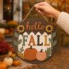 Picture of Hello Fall Door Sign, Fall Door Hanger, Autumn Pumpkin Door Decor, Sunflower Welcome Sign, Farmhouse Wood Door Wreath, Thanksgiving Decor