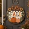 Picture of Hello Fall Door Sign, Fall Door Hanger, Autumn Pumpkin Door Decor, Sunflower Welcome Sign, Farmhouse Wood Door Wreath, Thanksgiving Decor
