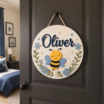 Picture of Personalized Bee Nursery Door Sign, Custom Wooden Name Sign for Kids Room, Floral Bee Wall Decor, Baby Girl Boy Bedroom Hanging Decor