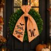 Picture of Personalized Halloween Wreath Sash Bow, Trick or Treat Wreath Bow, Custom Monogram Door Wreath Ribbon, Fall Porch Decor Halloween Gift