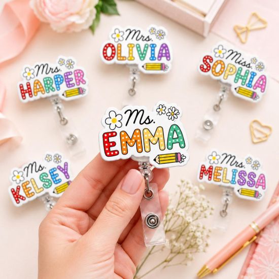 Picture of Personalized Teacher Badge Reel, Custom Name Badge Reel, Daisy Pencil Retractable ID Holder, Back To School Badge Reel, Gift for Teacher