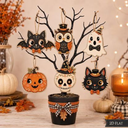 Picture of Halloween Wooden Hanging Ornaments Set, Cute Ghost Owl Decor, Black Cat Bat Pumpkin Skull Wood Tree Ornament, Fall Farmhouse Decor Halloween