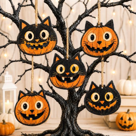 Picture of Halloween Cat Pumpkin Vintage  Wooden Ornament, 2D Flat Hanging Decoration, Black Cat Wood Sign, Rustic Halloween Tree Decor Gift Ornament