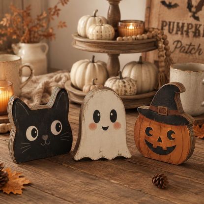 Picture of Halloween Wooden Block Decor Set, Black Cat Ghost Pumpkin Shelf Sitters, Rustic Farmhouse Halloween Tiered Tray Decor, Fall Wood Blocks