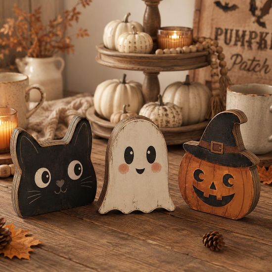 Picture of Halloween Wooden Block Decor Set, Black Cat Ghost Pumpkin Shelf Sitters, Rustic Farmhouse Halloween Tiered Tray Decor, Fall Wood Blocks