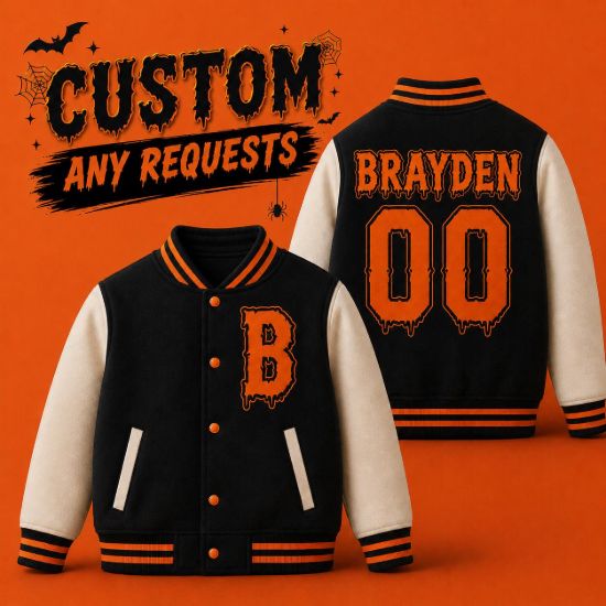 Picture of Custom Halloween Varsity Jacket For Kids, Personalized Name Number Initial, Basic Spooky Baseball Jacket, Boys Girls Halloween Outfit Gift