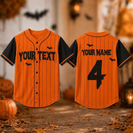 Picture of Personalized Halloween Baseball Jersey, Custom Name Number Spooky Bat Shirt, Orange Black Pinstripe Jersey, Kids Halloween Party Outfit