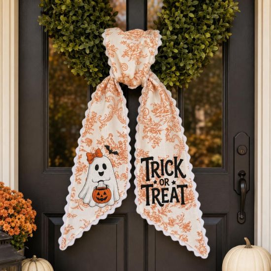 Picture of Custom Halloween Wreath Sash Bow, Trick  Treat Wreath Bow, Ghost Pumpkin Front Door, Personalized Halloween Wreath Decor, Fall Porch Decor