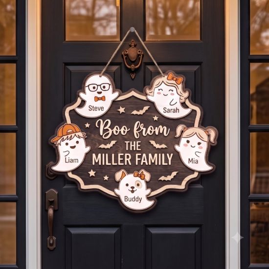 Picture of Personalized Halloween Ghost Family Wooden Door Hanger, Custom Family Name Sign, Ghost Kids Dog Cat Decor, Halloween Front Door Sign