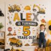 Picture of Personalized Construction Birthday Tapestry, Construction Party Banner, Custom Builder Birthday Backdrop, Dump Truck Birthday Decor Boy
