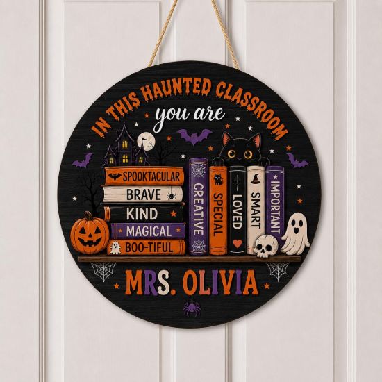 Picture of Halloween Classroom Door Sign, Personalized Haunted Classroom Teacher Door Hanger, Spooky Book Shelf Decor, Teacher Gift, Back To School