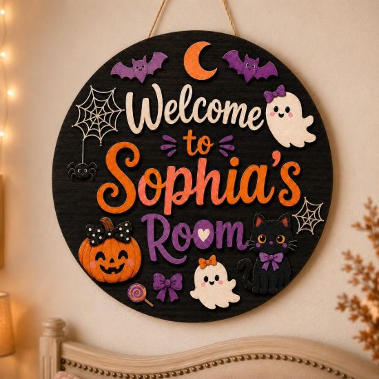 Picture of Personalized Halloween Door Sign, Kids Room Door Hanger, Ghost Cat Pumpkin Decor, Spooky Welcome Sign, Halloween Bedroom Decor Gift
