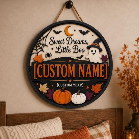 Picture of Personalized Halloween Door Sign, Sweet Dreams Little Boo Nursery Door Hanger, Custom Name Year Ghost Pumpkin Kids Room Wood Decor Gift