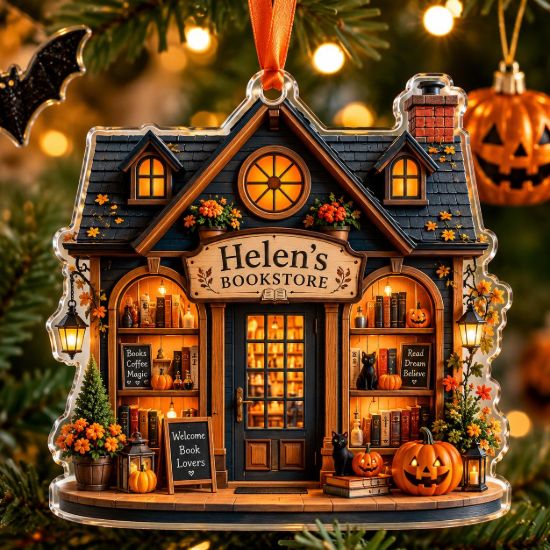 Picture of Personalized Halloween Bookstore Ornament, Custom Book Lover Acrylic Ornament, Cozy Bookshop Halloween Decor, Reader Christmas Gift