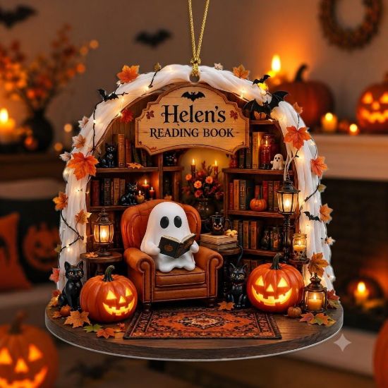 Picture of Personalized Halloween Reading Ghost Ornament, Custom Book Lover Acrylic Ornament, Cozy Library Halloween Decor, Reader Christmas Gift
