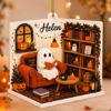 Picture of Personalized Ghost Reading Halloween Ornament, Custom Book Lover Halloween Decor, Spooky Bookshelf Acrylic Flat Christmas Ornament