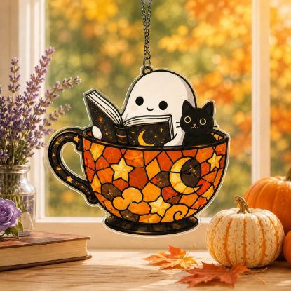 Picture of Ghost Cat Halloween Suncatcher, Stained Glass Coffee Cup Window Hanging, Cute Book Lover Halloween Decor, Spooky Acrylic Gift Halloween