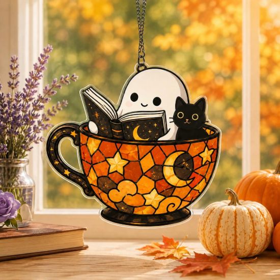 Picture of Ghost Cat Halloween Suncatcher, Stained Glass Coffee Cup Window Hanging, Cute Book Lover Halloween Decor, Spooky Acrylic Gift Halloween