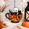 Picture of Ghost Cat Halloween Suncatcher, Stained Glass Coffee Cup Window Hanging, Cute Book Lover Halloween Decor, Spooky Acrylic Gift Halloween
