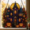 Picture of Halloween Haunted House Suncatcher, Stained Glass Pumpkin Window Hanging, Gothic Castle Acrylic Decor, Spooky Halloween Gift Decor Home