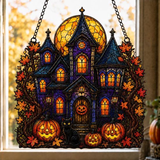 Picture of Halloween Haunted House Suncatcher, Stained Glass Pumpkin Window Hanging, Gothic Castle Acrylic Decor, Spooky Halloween Gift Decor Home