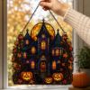 Picture of Halloween Haunted House Suncatcher, Stained Glass Pumpkin Window Hanging, Gothic Castle Acrylic Decor, Spooky Halloween Gift Decor Home