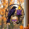 Picture of Halloween Raven Skull Suncatcher, Gothic Stained Glass Window Hanging, Crow Moon Candle Acrylic Decor, Spooky Halloween Gift Decor Home