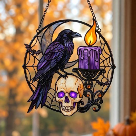 Picture of Halloween Raven Skull Suncatcher, Gothic Stained Glass Window Hanging, Crow Moon Candle Acrylic Decor, Spooky Halloween Gift Decor Home