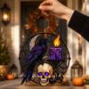 Picture of Halloween Raven Skull Suncatcher, Gothic Stained Glass Window Hanging, Crow Moon Candle Acrylic Decor, Spooky Halloween Gift Decor Home