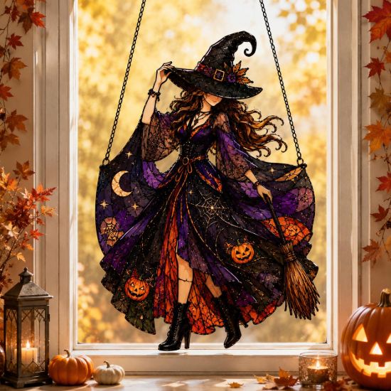 Picture of Halloween Witch Suncatcher, Gothic Stained Glass Witch Window Hanging, Purple Witch Acrylic Decor, Spooky Halloween Gift for Her Decor