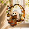 Picture of Ghost Reading Stained Glass Acrylic Suncatcher, Cute Ghost Window Hanging, Book Lover Sun Catcher, Halloween Stained Glass Decor Gift