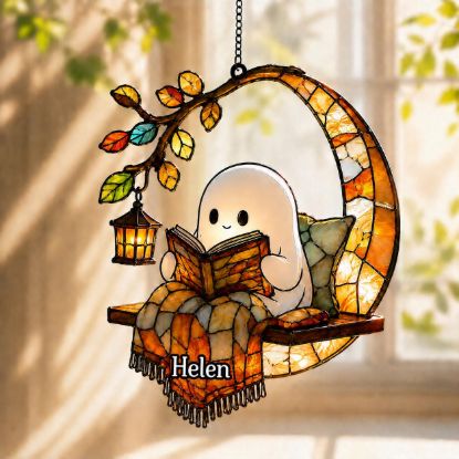 Picture of Ghost Reading Stained Glass Acrylic Suncatcher, Cute Ghost Window Hanging, Book Lover Sun Catcher, Halloween Stained Glass Decor Gift