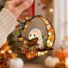 Picture of Ghost Reading Stained Glass Acrylic Suncatcher, Cute Ghost Window Hanging, Book Lover Sun Catcher, Halloween Stained Glass Decor Gift