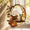 Picture of Ghost Reading Stained Glass Acrylic Suncatcher, Cute Ghost Window Hanging, Book Lover Sun Catcher, Halloween Stained Glass Decor Gift