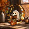 Picture of Ghost Reading Stained Glass Acrylic Suncatcher, Cute Ghost Window Hanging, Book Lover Sun Catcher, Halloween Stained Glass Decor Gift