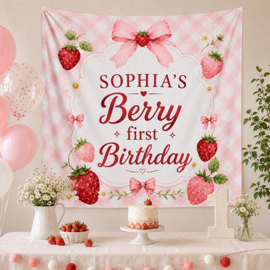 Picture of Personalized Berry First Birthday Banner, Strawberry First Birthday Backdrop, Custom Berry Sweet Birthday Banner, Strawberry Party Decor