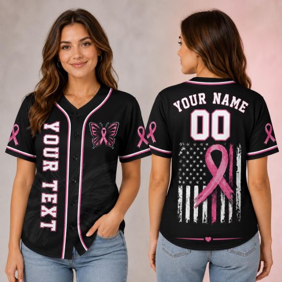 Picture of Personalized Breast Cancer Awareness Baseball Jersey, Custom Pink Ribbon Button Up Shirt, Butterfly Support Jersey, Survivor Team Gift
