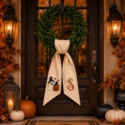 Picture of Personalized Halloween Wreath Sash Bow, Ghost Pumpkin Monogram Door Bow, Custom Fall Wreath Bow, Front Door Decor,Halloween Porch Decoration