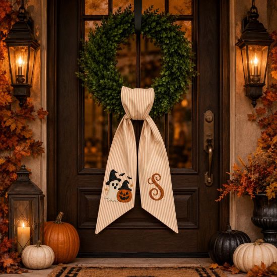 Picture of Personalized Halloween Wreath Sash Bow, Ghost Pumpkin Monogram Door Bow, Custom Fall Wreath Bow, Front Door Decor,Halloween Porch Decoration