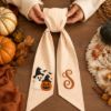 Picture of Personalized Halloween Wreath Sash Bow, Ghost Pumpkin Monogram Door Bow, Custom Fall Wreath Bow, Front Door Decor,Halloween Porch Decoration