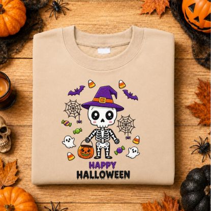 Picture of Happy Halloween Skeleton Embroidery Design, Cute Skeleton Embroidery File, Witch Hat Skeleton Machine Embroidery, pes dst exp jef vp3 xxx