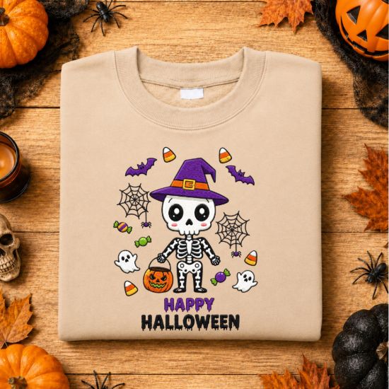 Picture of Happy Halloween Skeleton Embroidery Design, Cute Skeleton Embroidery File, Witch Hat Skeleton Machine Embroidery, pes dst exp jef vp3 xxx